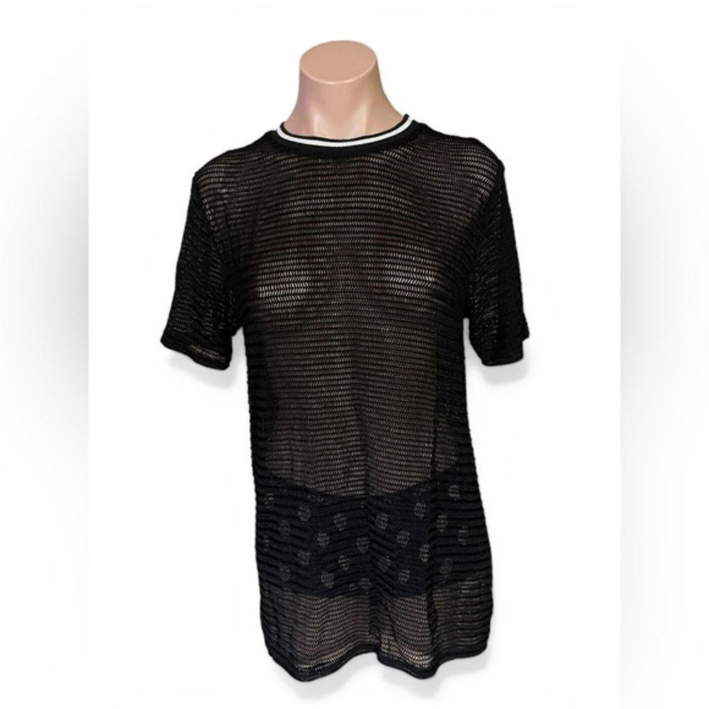 Black Mesh Crochet Knit Ringer Tee Sheer Streetwear Unisex Goth Emo